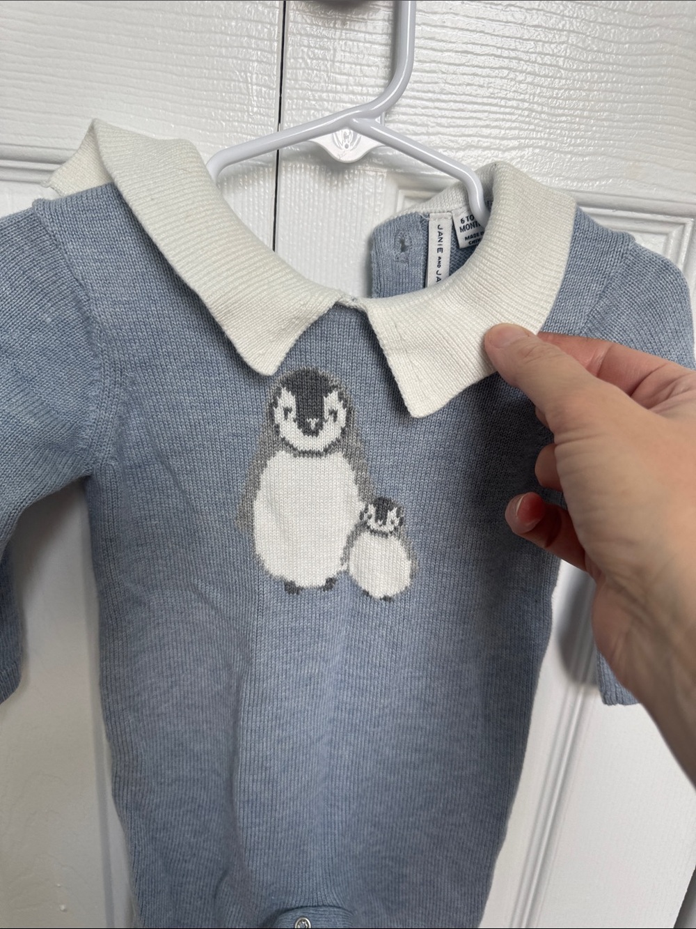 Janie and Jack Blue Knit Penguin Romper with White Collar